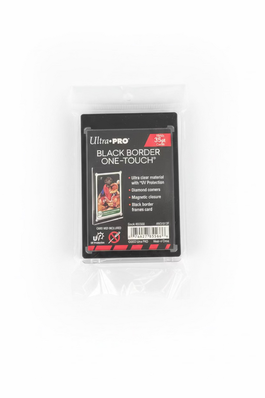 An Ultra Pro 35PT magnetic card holder with a black border inside a clear plastic retail bag.