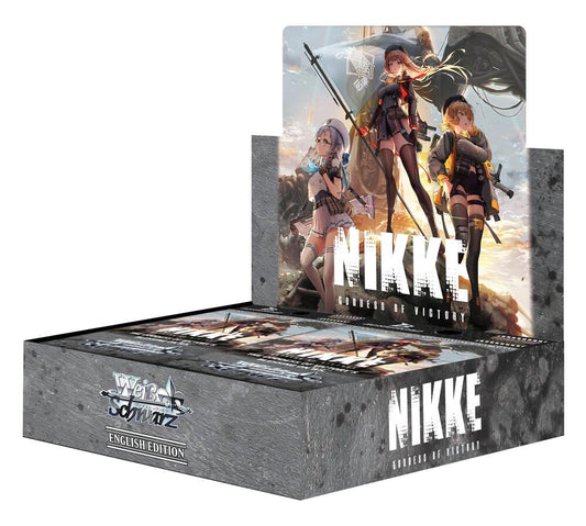 A Weiss Schwarz booster box featuring Goddess of Victory: Nikke character artwork.