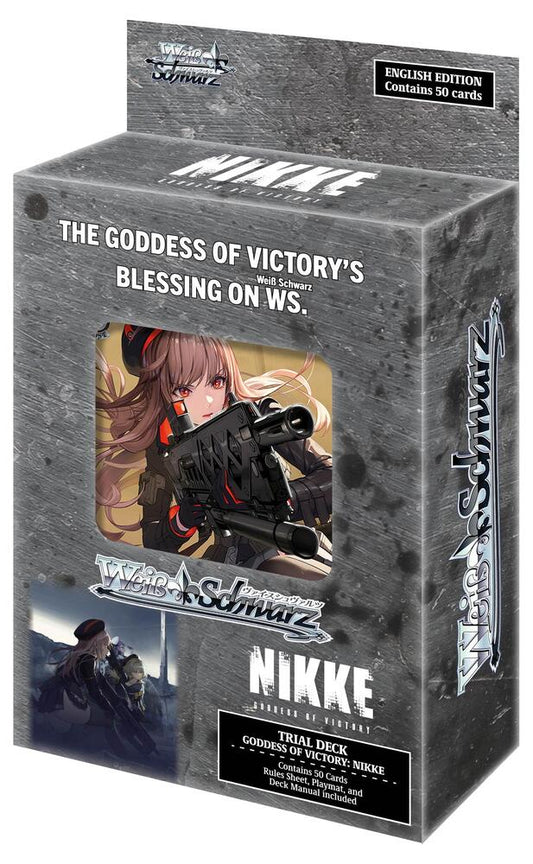 A Goddess of Victory: NIKKE trial deck box featuring character artwork and Weiss Schwarz branding.