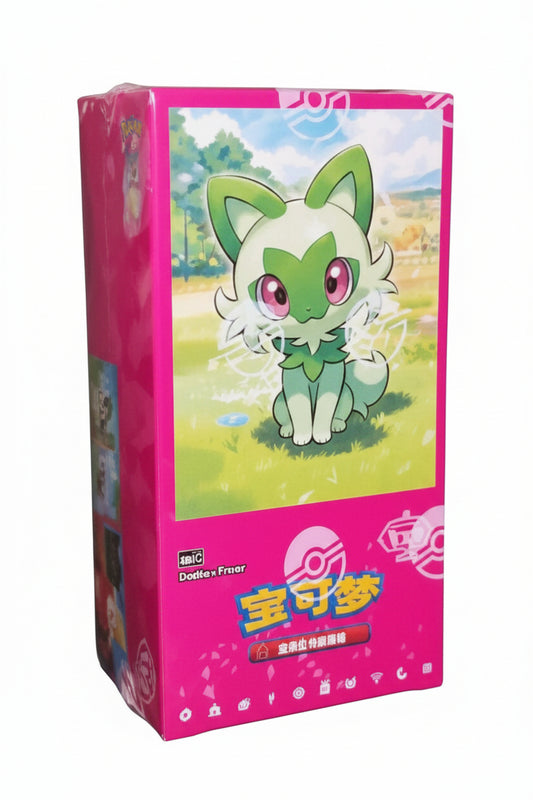 A rectangular box featuring an illustration of the Pokemon Sprigatito on a bright pink background.