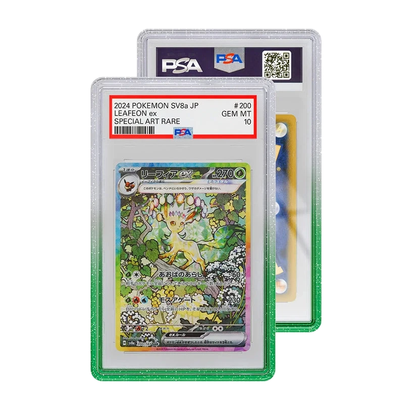 A PSA graded Leafeon ex card inside a vibrant melon green GradedGuard protective case.
