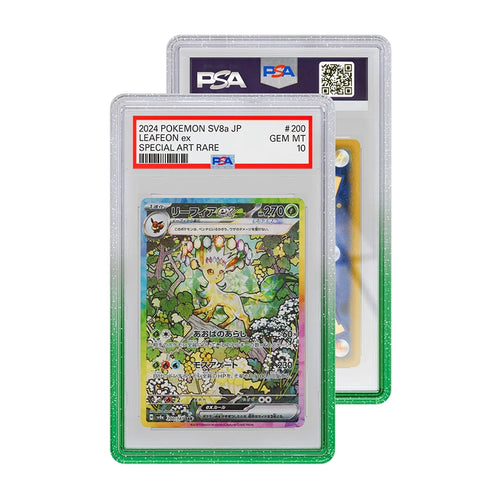 A PSA graded Leafeon ex card inside a vibrant melon green GradedGuard protective case.