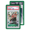 A green protective case for a PSA graded Roronoa Zoro One Piece trading card.