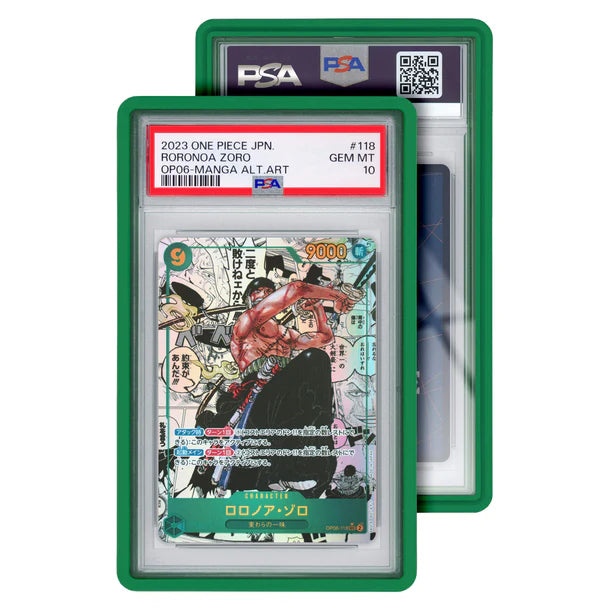 A green protective case for a PSA graded Roronoa Zoro One Piece trading card.