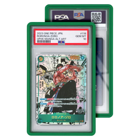 A green protective case for a PSA graded Roronoa Zoro One Piece trading card.