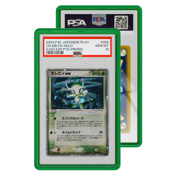 A PSA graded Celebi ex card inside a protective emerald green GradedGuard case.