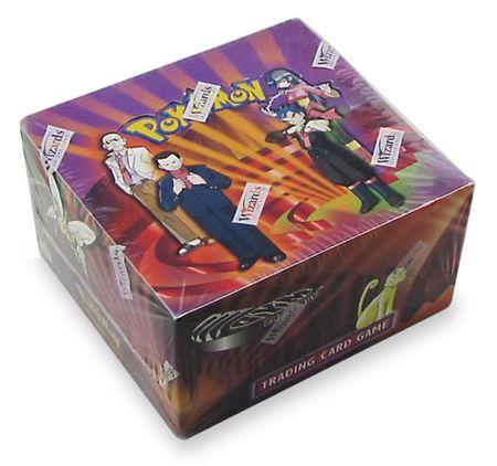 A sealed Pokemon Gym Challenge booster box featuring artwork of gym leaders on the lid.