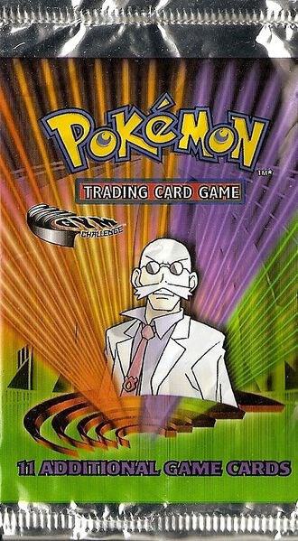 A sealed Pokemon Gym Challenge booster pack featuring Blaine on the front.