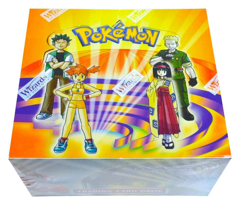 A sealed Pokemon Gym Heroes booster box featuring illustrations of Gym Leaders on the front.
