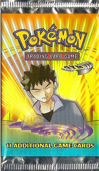 A sealed Pokemon Gym Heroes booster pack featuring Brock on the front.