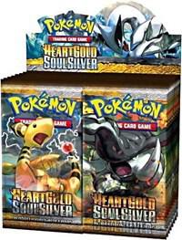 A sealed Pokemon HeartGold SoulSilver booster box featuring Ampharos and Donphan on the packs.