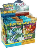 A sealed Pokemon Triumphant booster box featuring artwork of Dialga and Palkia.