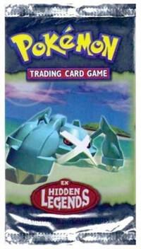 A sealed Pokemon Hidden Legends booster pack featuring Metagross on the front.
