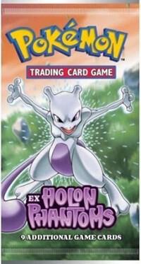 A sealed Pokemon Holon Phantoms booster pack featuring Mewtwo on the front.