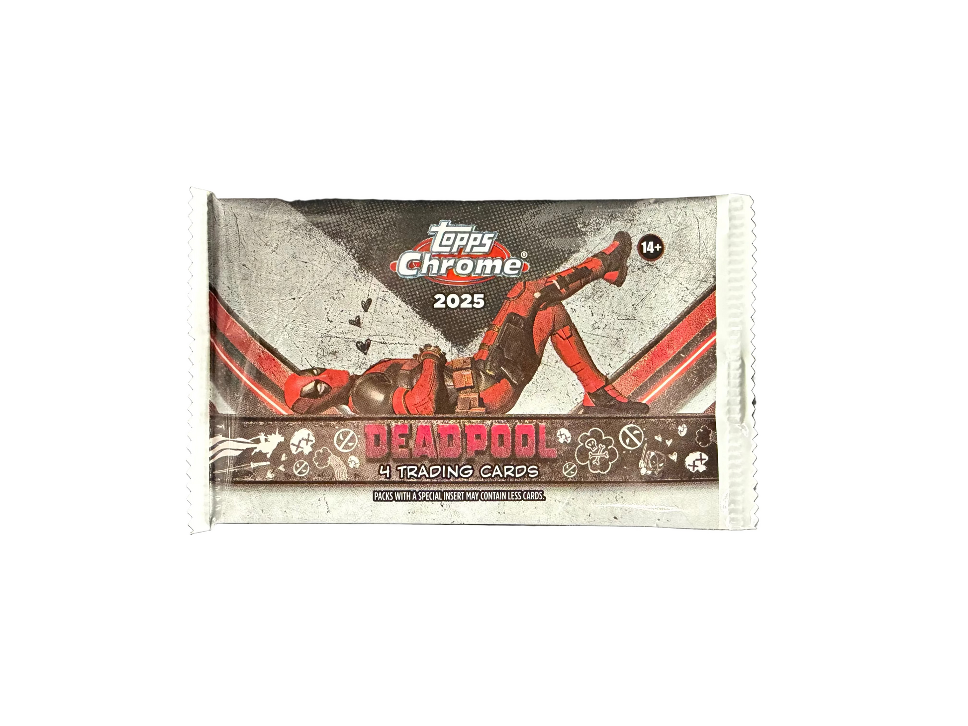 A 2025 Topps Chrome Deadpool trading card pack featuring an image of Deadpool lounging.