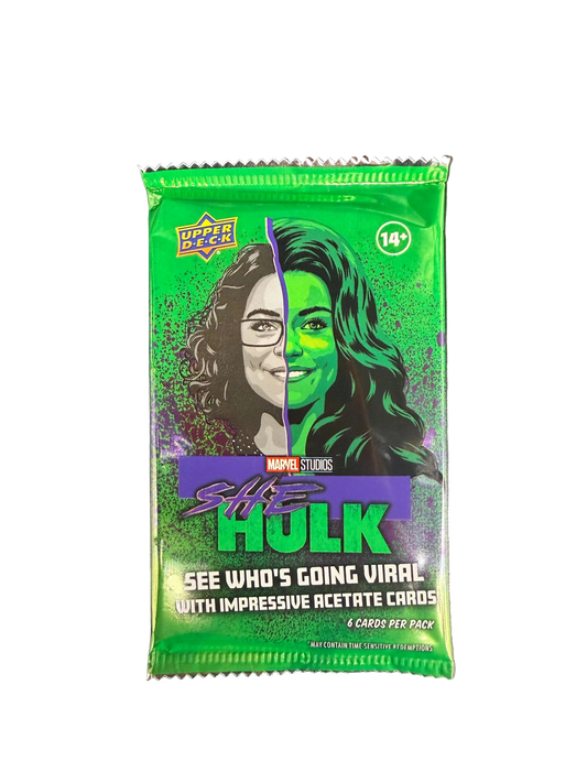 A green Upper Deck She-Hulk trading card hobby pack featuring Jennifer Walters.