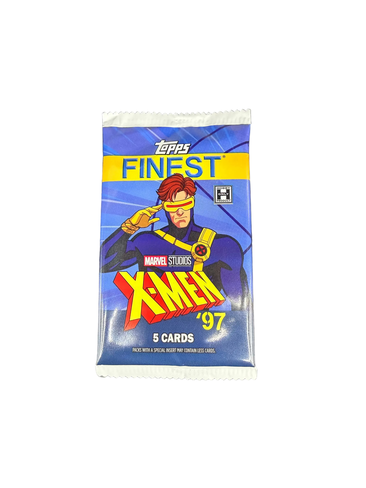 A 2025 Topps Finest X-Men '97 hobby pack featuring Cyclops on the blue packaging.