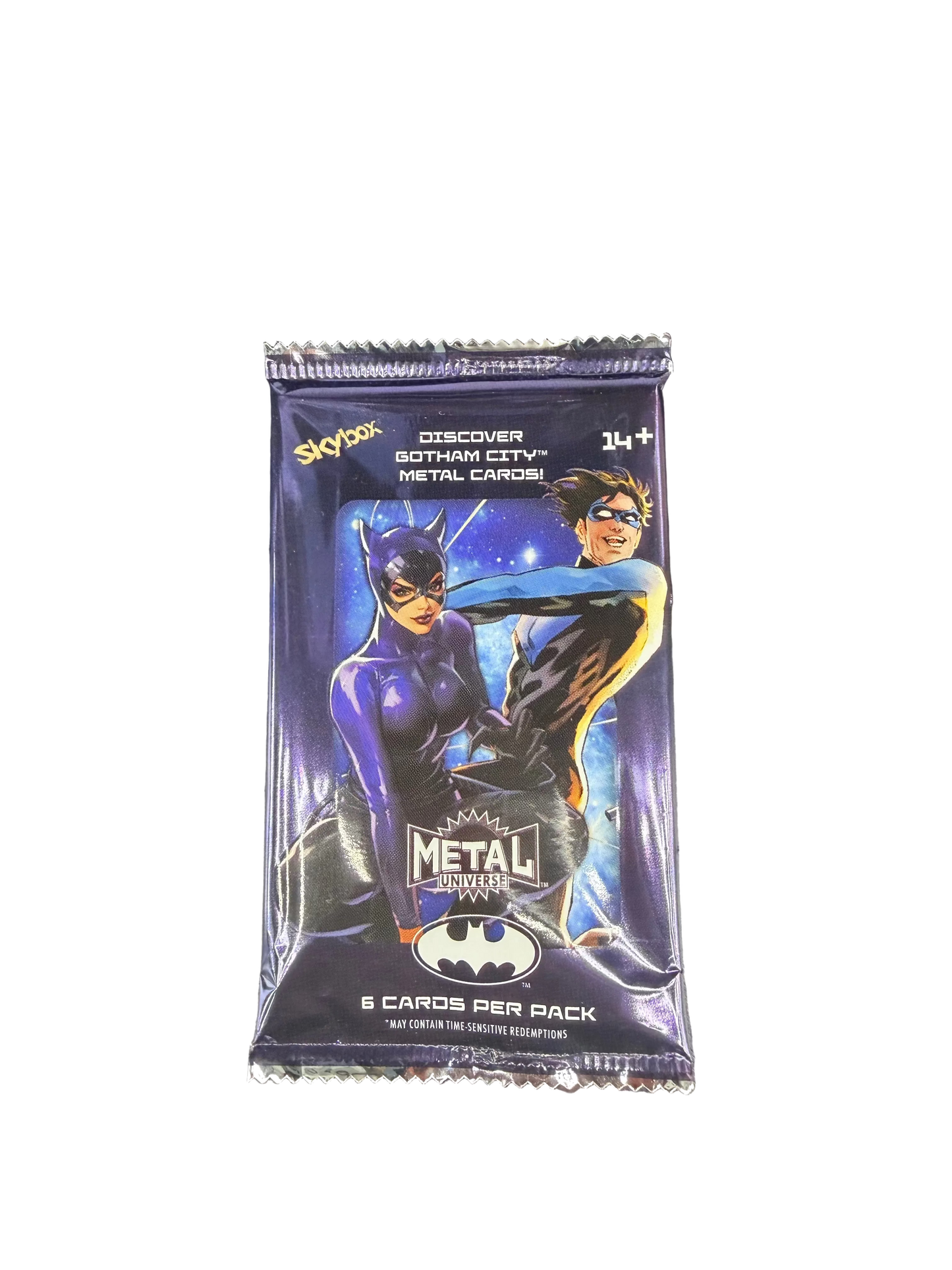 A 2025 Upper Deck Skybox Metal Universe Batman hobby pack featuring Catwoman and Nightwing.