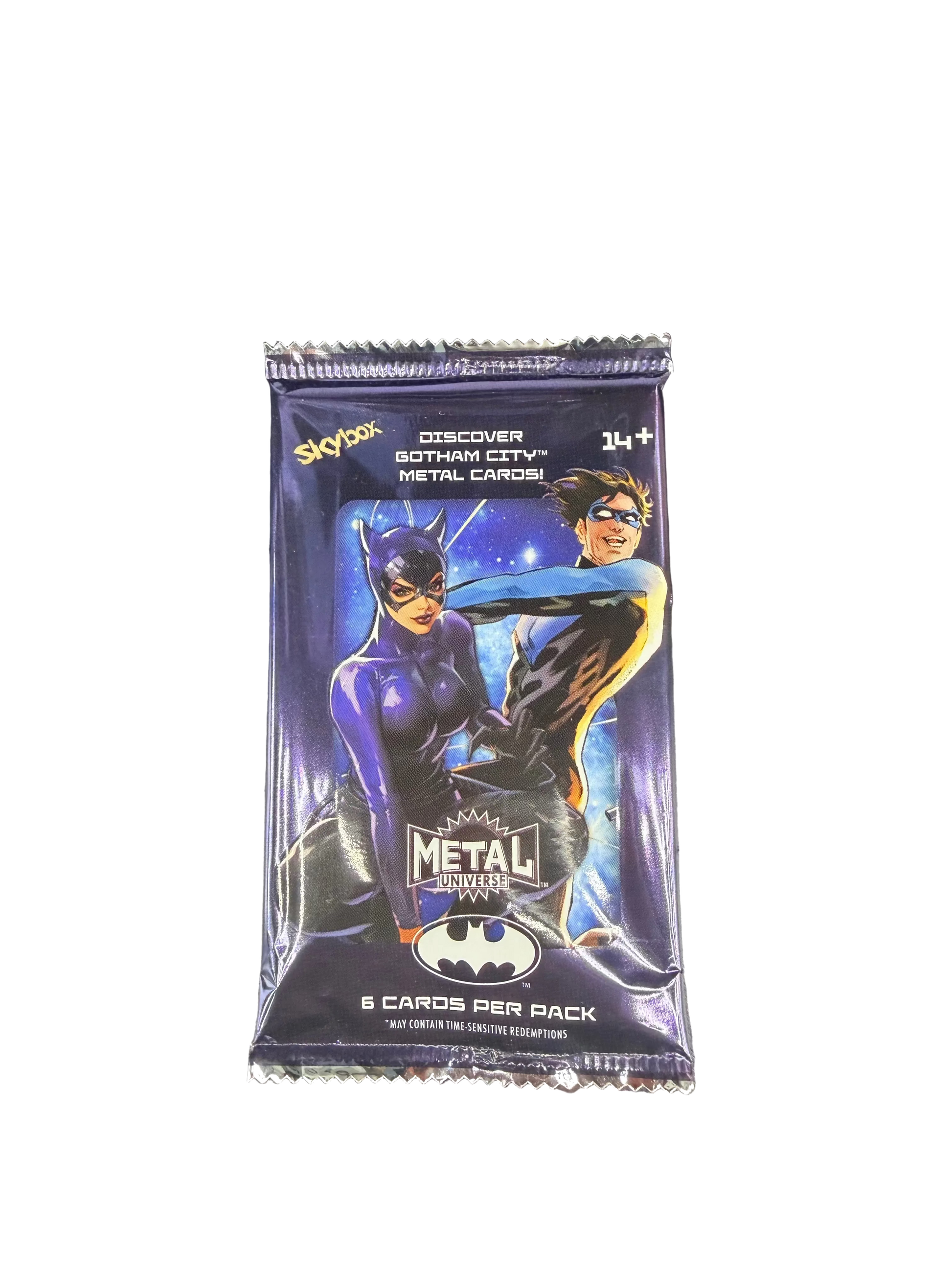 A 2025 Upper Deck Skybox Metal Universe Batman hobby pack featuring Catwoman and Nightwing.