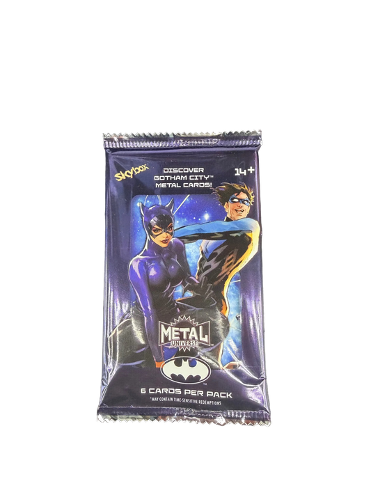 A 2025 Upper Deck Skybox Metal Universe Batman hobby pack featuring Catwoman and Nightwing.
