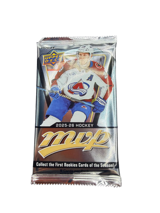 A 2025-26 Upper Deck MVP hockey hobby pack featuring a Colorado Avalanche player on the front.