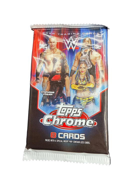 A 2026 Topps Chrome WWE trading card pack featuring Randy Orton, Jacob Fatu, and other wrestlers.