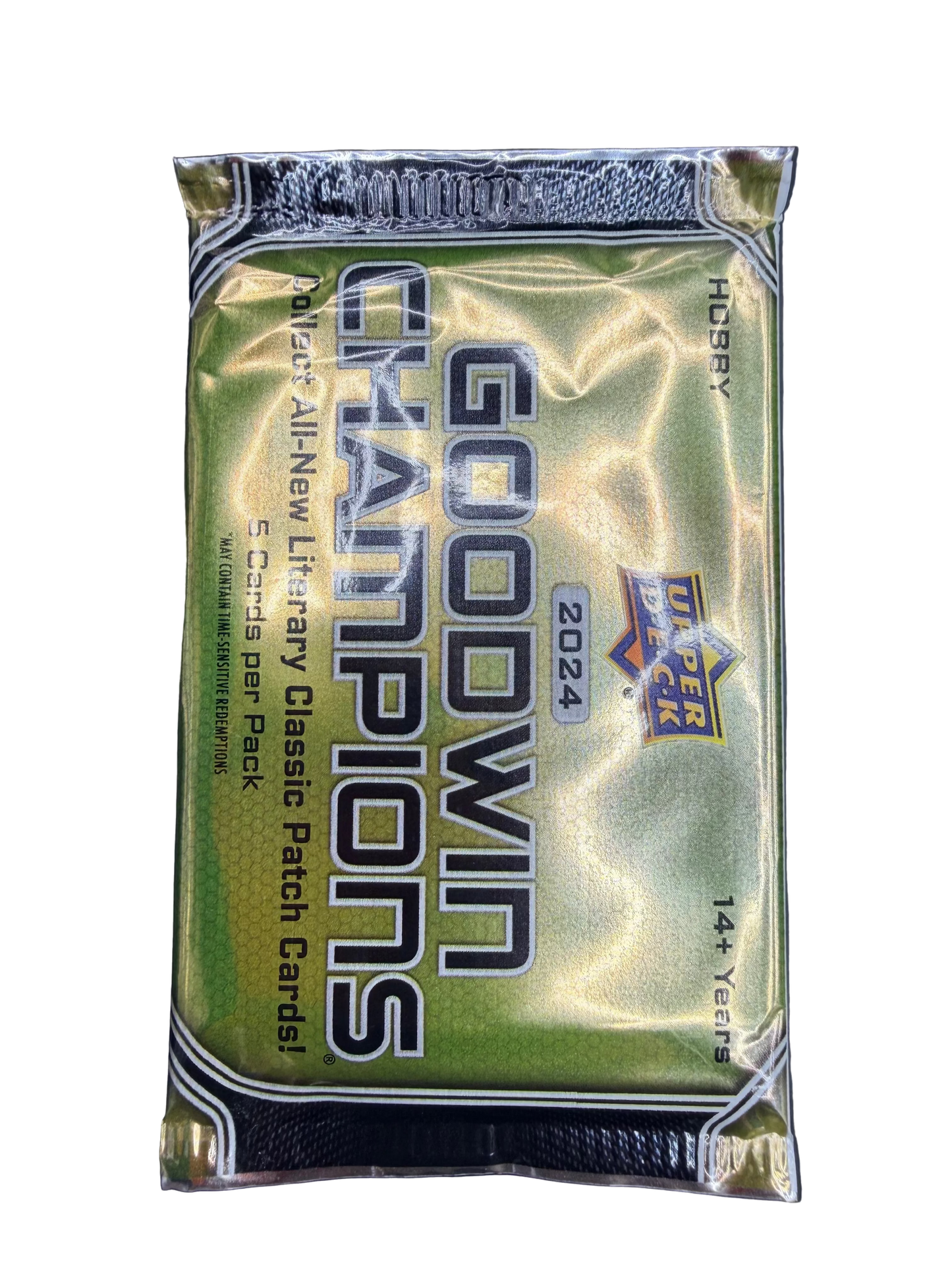 A 2024 Upper Deck Goodwin Champions hobby pack featuring a gold and green design.