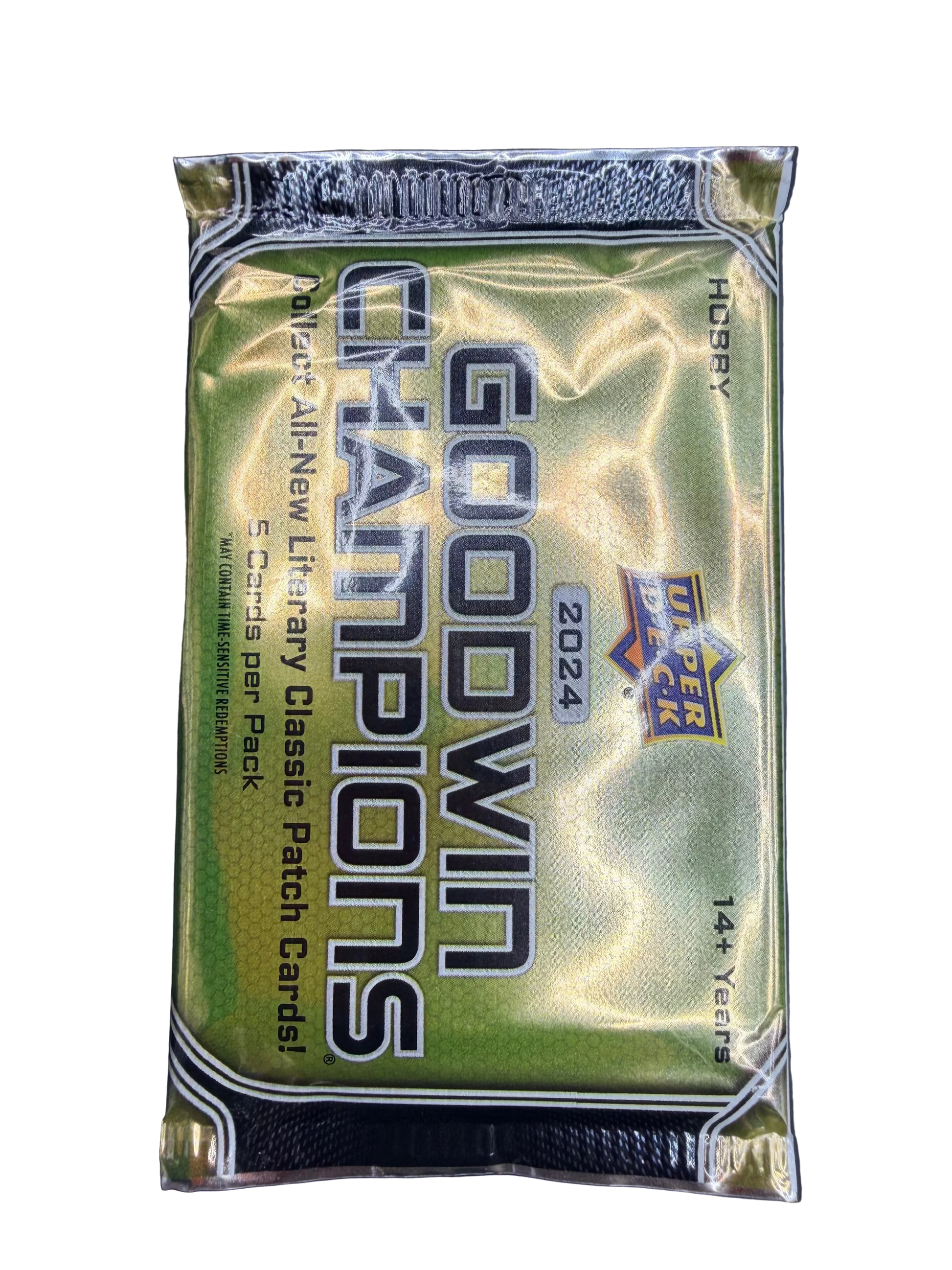 A 2024 Upper Deck Goodwin Champions hobby pack featuring a gold and green design.