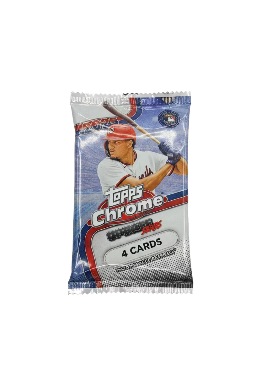 A 2025 Topps Chrome Update Series baseball card pack containing four cards.