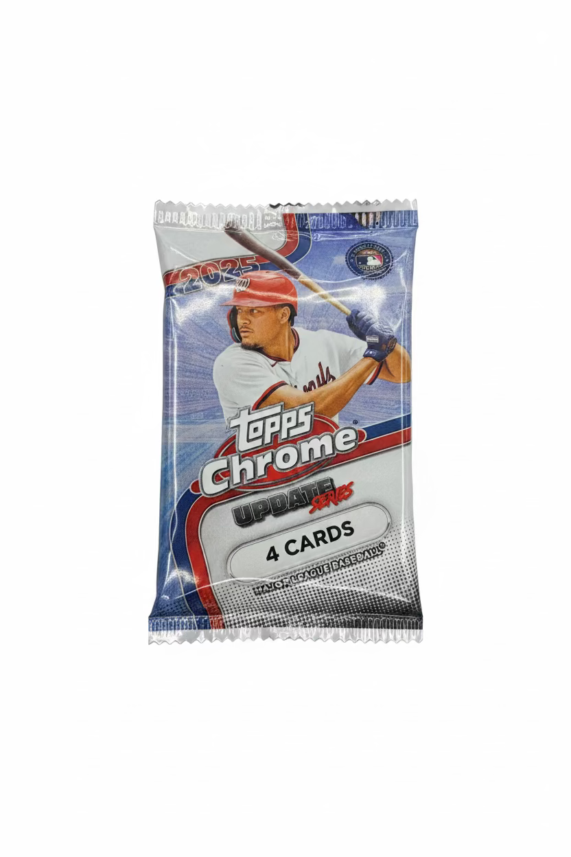 A 2025 Topps Chrome Update Series baseball card pack containing four cards.