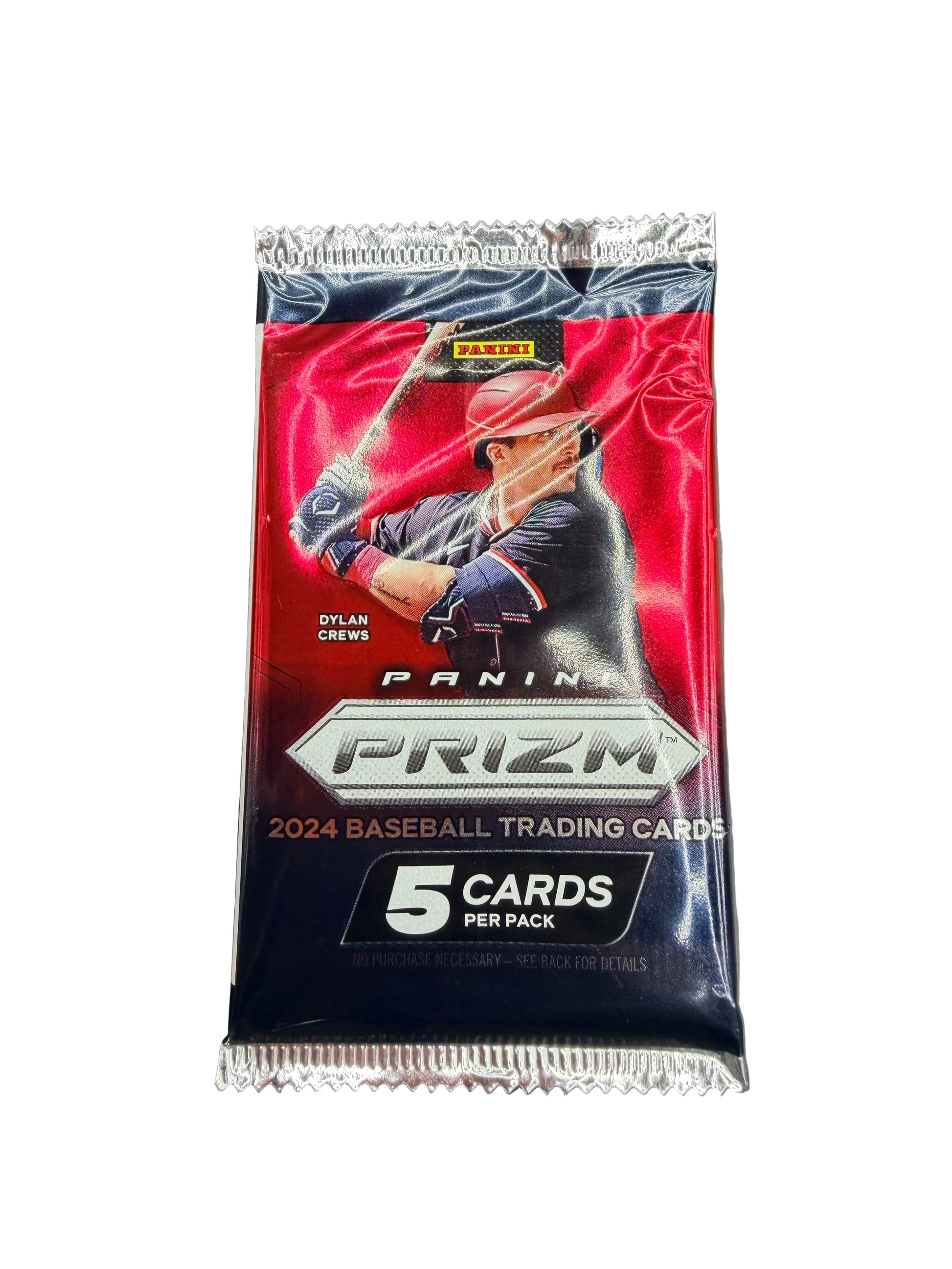 A 2024 Panini Prizm baseball trading card pack featuring Dylan Crews on the front.