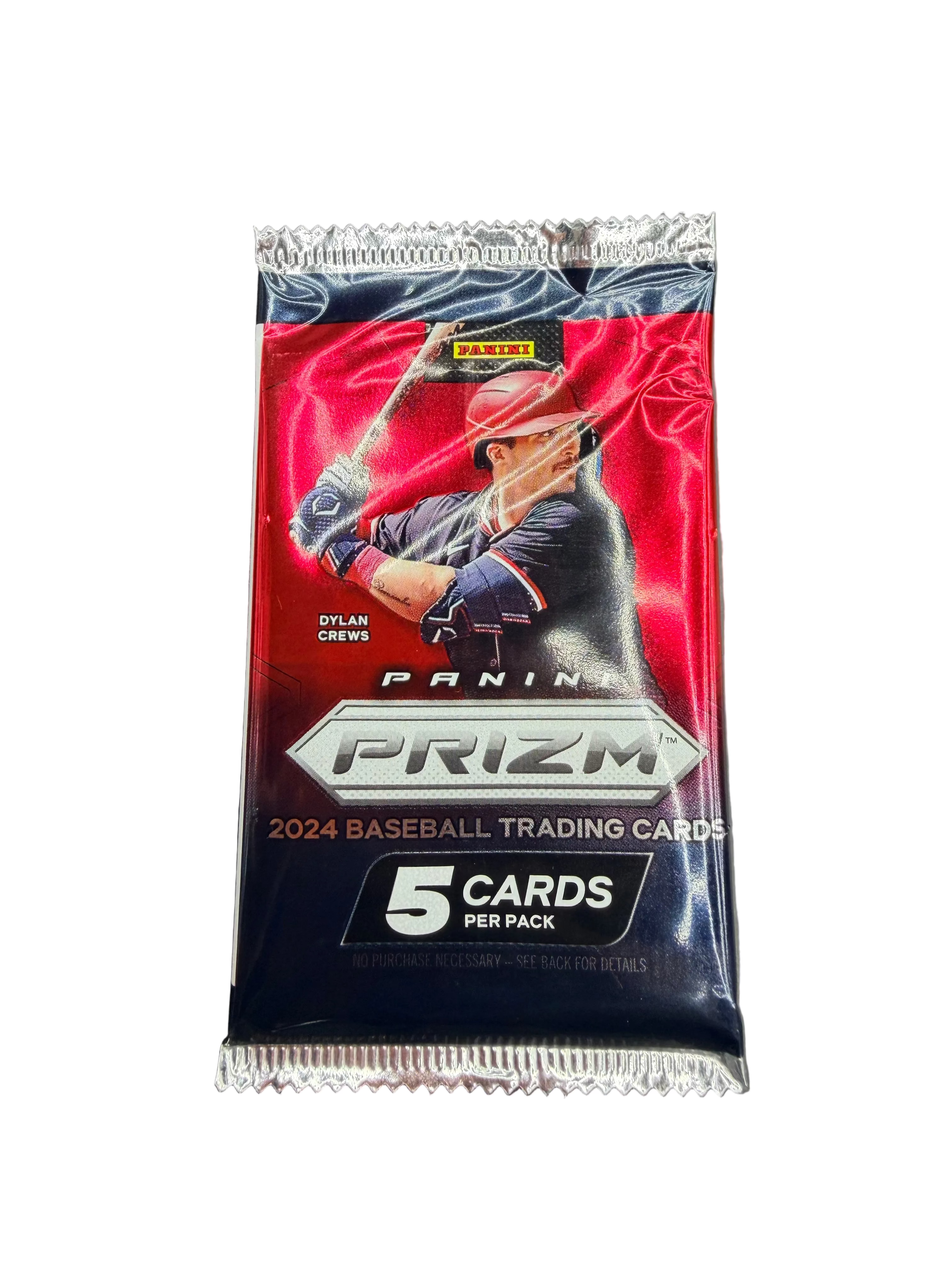 A 2024 Panini Prizm baseball trading card pack featuring Dylan Crews on the front.