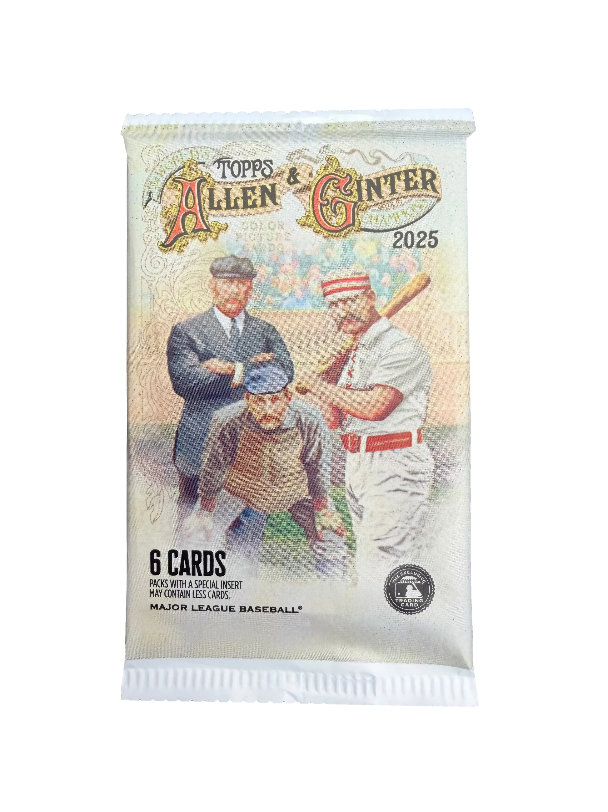 A 2025 Topps Allen and Ginter baseball trading card pack featuring vintage-style artwork.