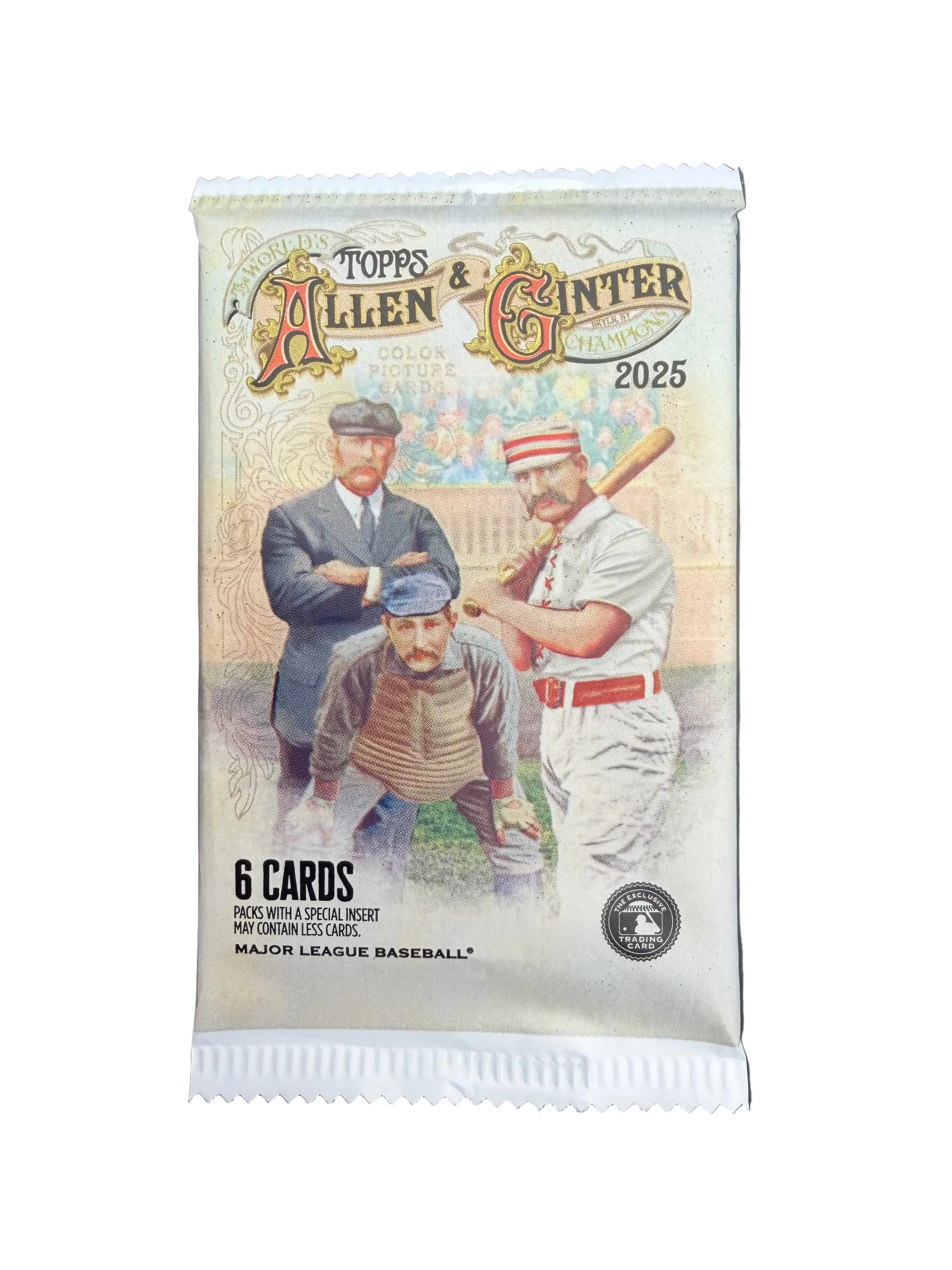 A 2025 Topps Allen and Ginter baseball trading card pack featuring vintage-style artwork.