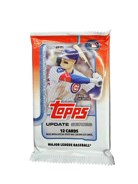 A 2025 Topps Update Series baseball card pack featuring Pete Crow-Armstrong on the front.