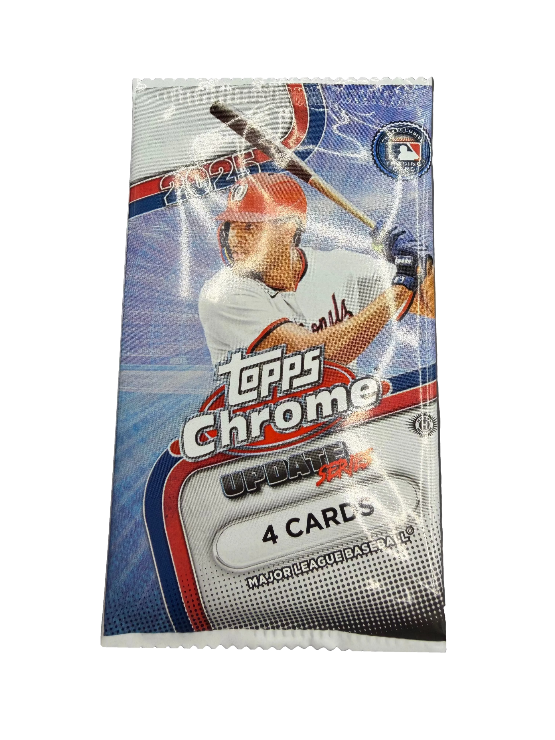 A 2025 Topps Chrome Update Series baseball hobby pack containing four trading cards.