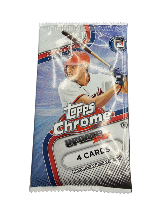 A 2025 Topps Chrome Update Series baseball hobby pack containing four trading cards.