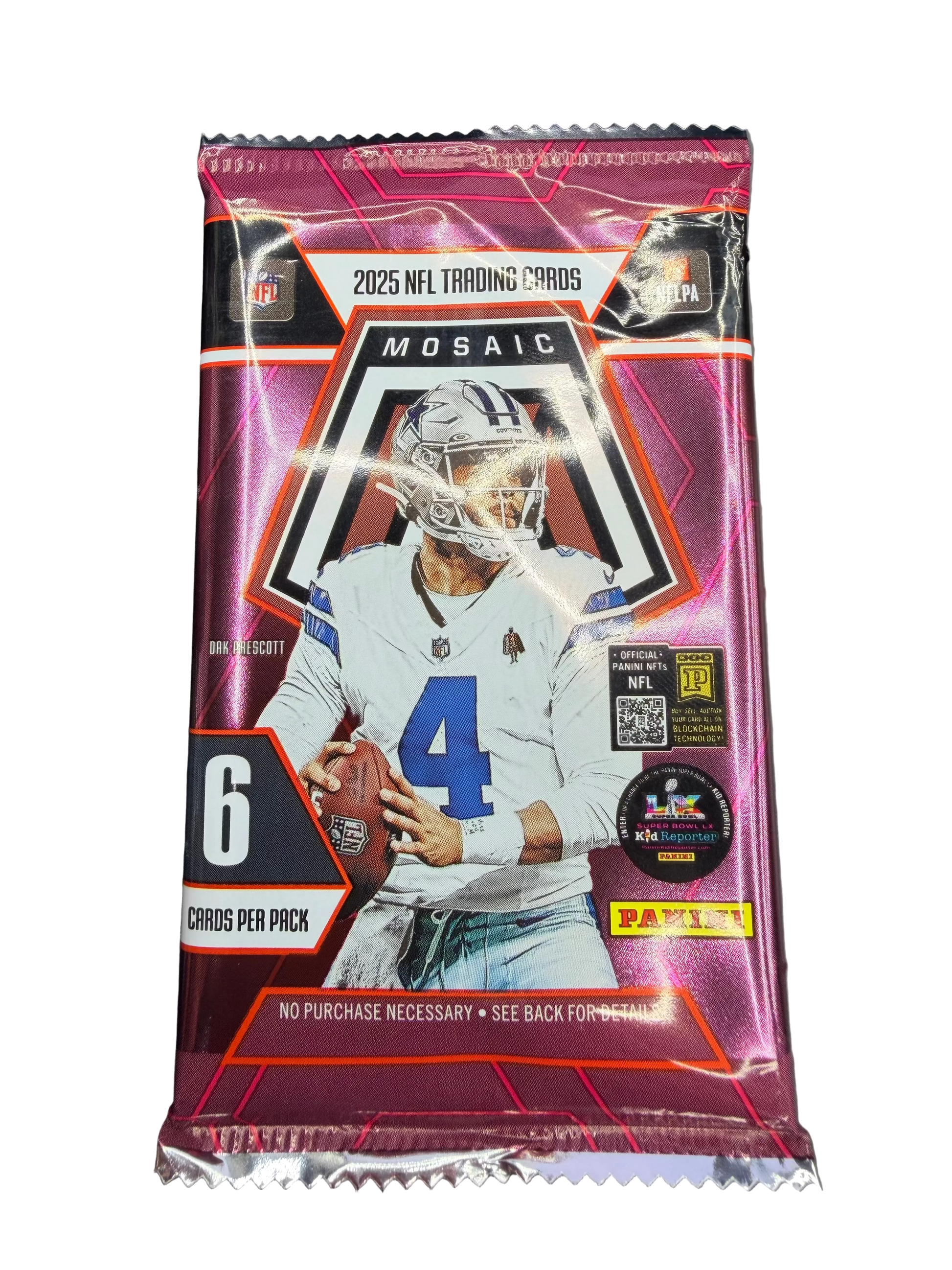 A 2025 Panini Mosaic football trading card pack featuring Dak Prescott on the front.