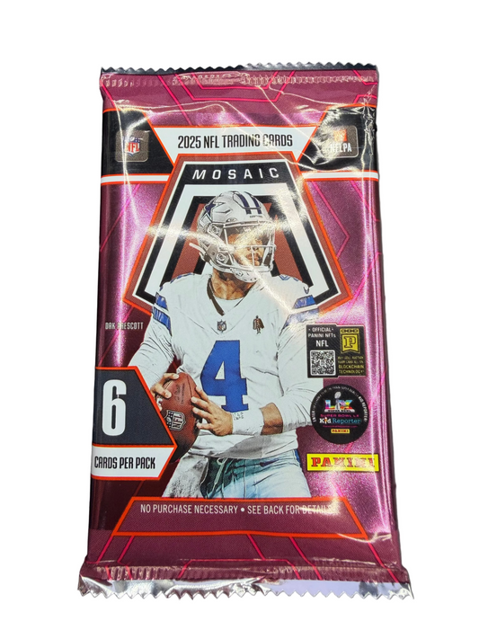 A 2025 Panini Mosaic football trading card pack featuring Dak Prescott on the front.