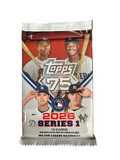 A 2026 Topps Series 1 baseball card pack featuring images of four professional players.