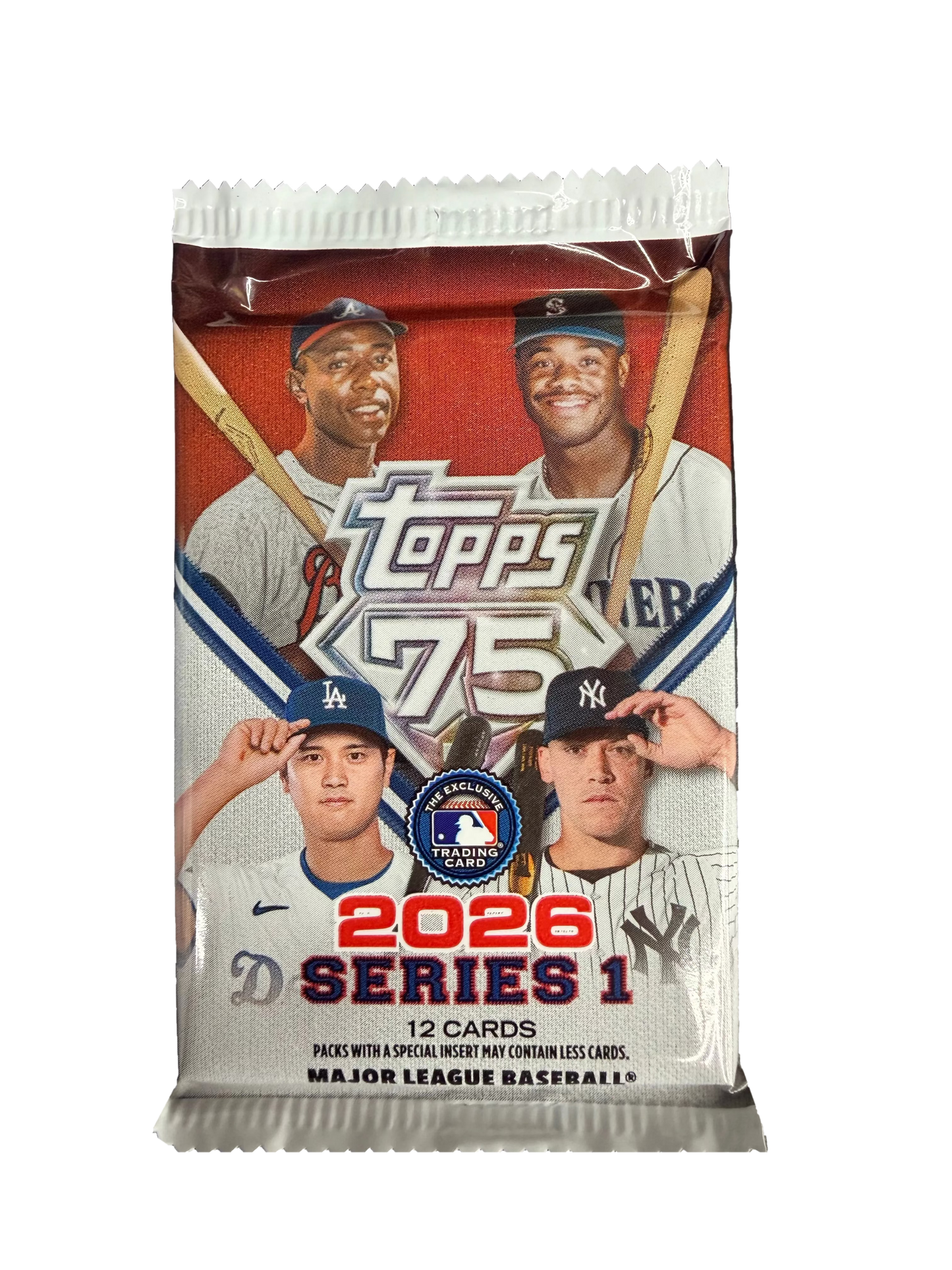 A 2026 Topps Series 1 baseball card pack featuring images of four professional players.