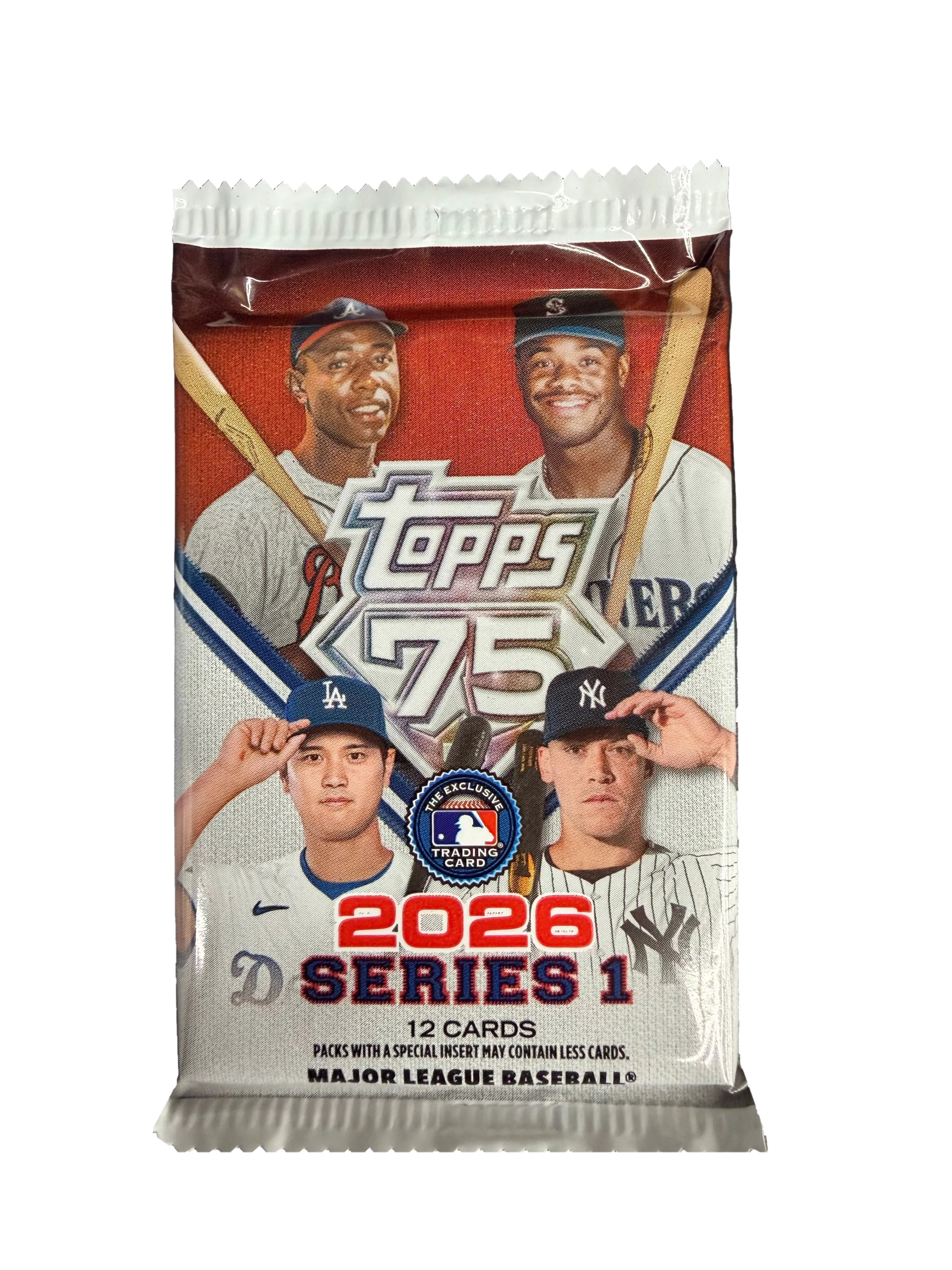 A 2026 Topps Series 1 baseball card pack featuring images of four professional players.