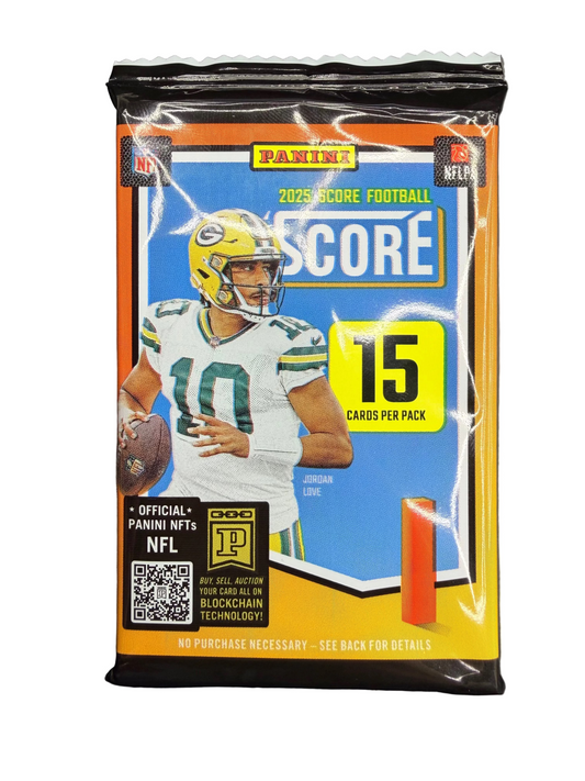 A 2025 Panini Score football card pack featuring Jordan Love on the front.