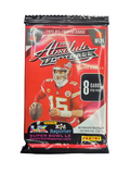 A 2025 Panini Absolute Football trading card pack featuring Patrick Mahomes on the front.