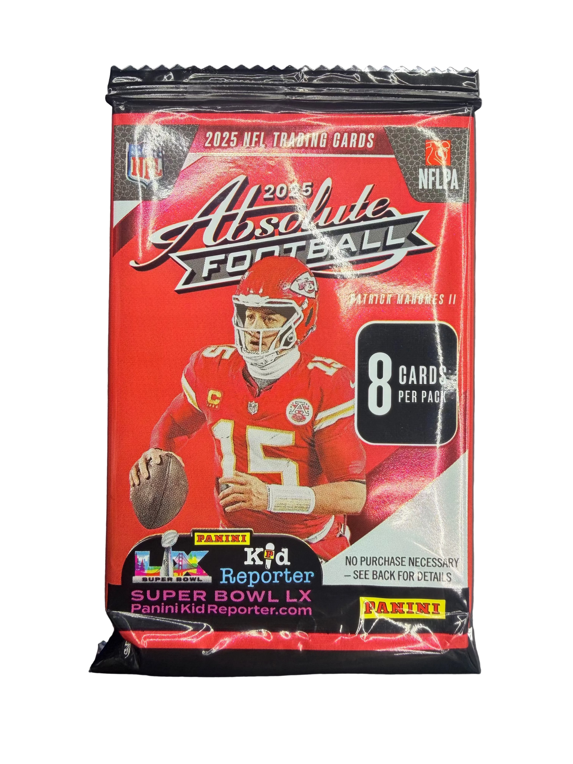 A 2025 Panini Absolute Football trading card pack featuring Patrick Mahomes on the front.