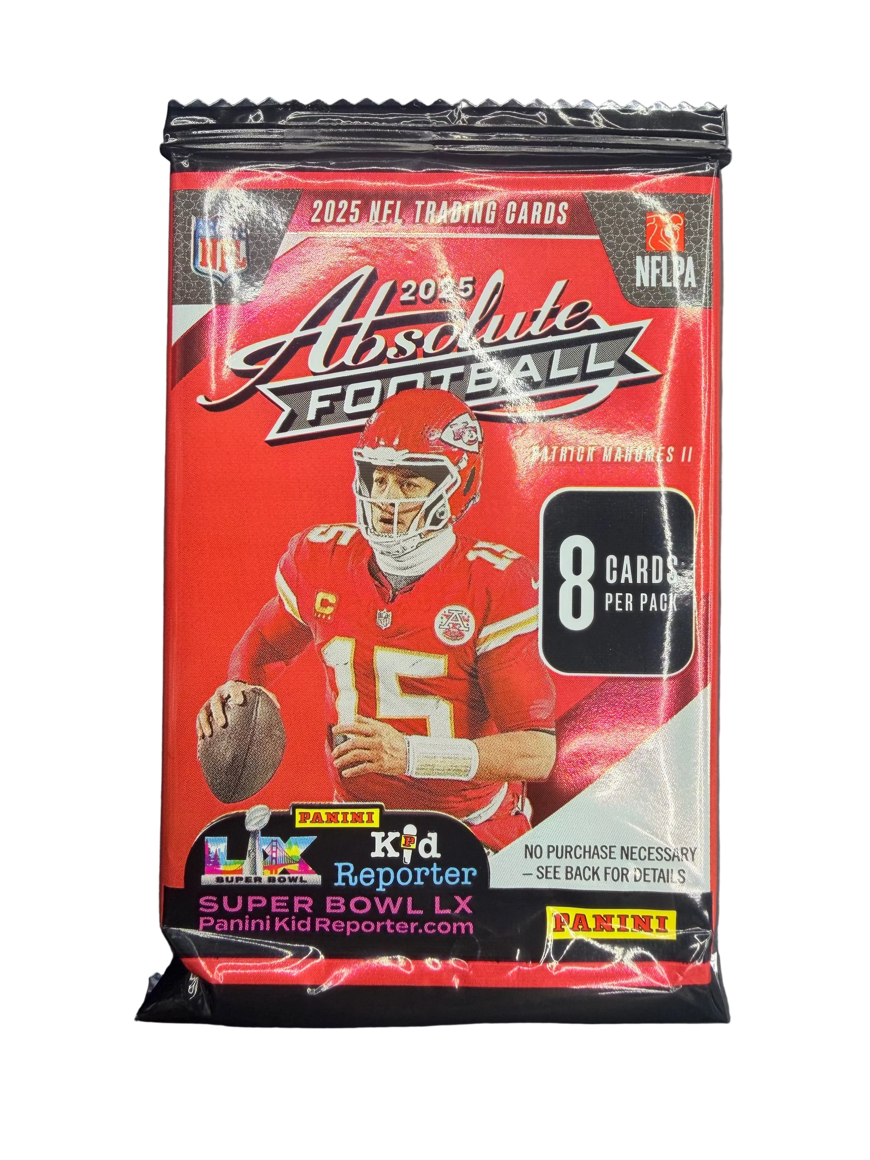 A 2025 Panini Absolute Football trading card pack featuring Patrick Mahomes on the front.