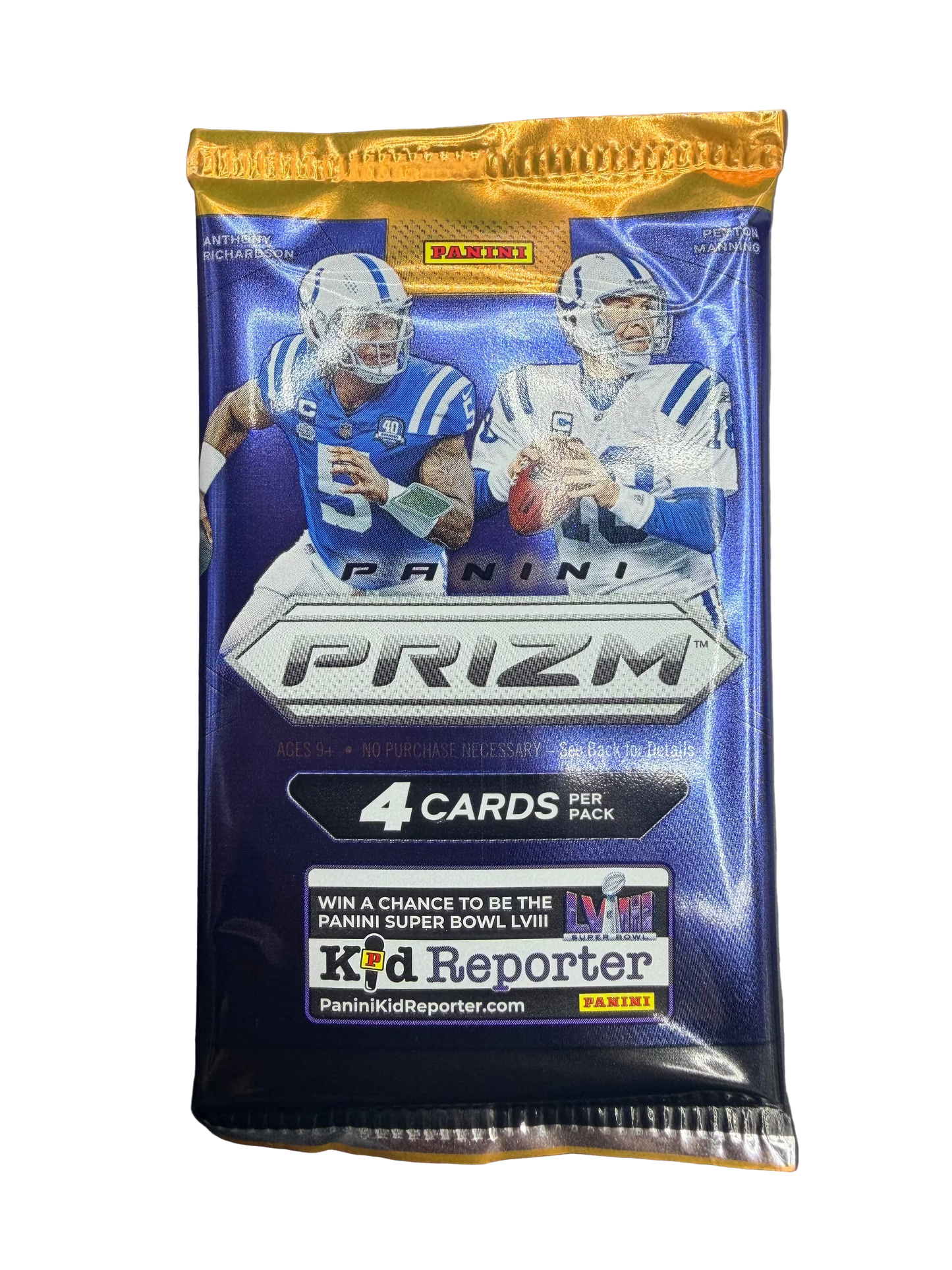 A 2023 Panini Prizm football card pack featuring Anthony Richardson and Peyton Manning.