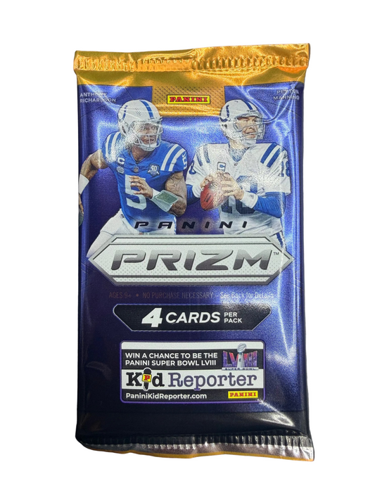 A 2023 Panini Prizm football card pack featuring Anthony Richardson and Peyton Manning.