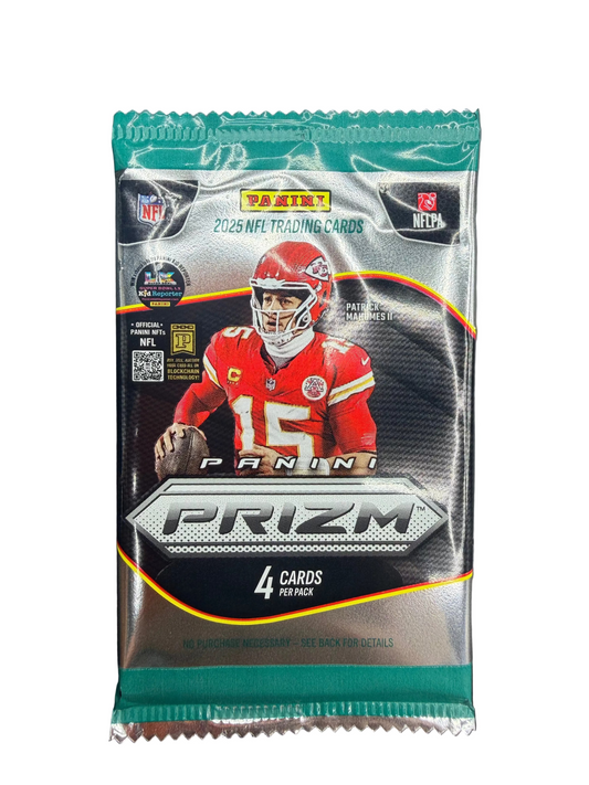 A 2025 Panini Prizm football trading card pack featuring Patrick Mahomes II.