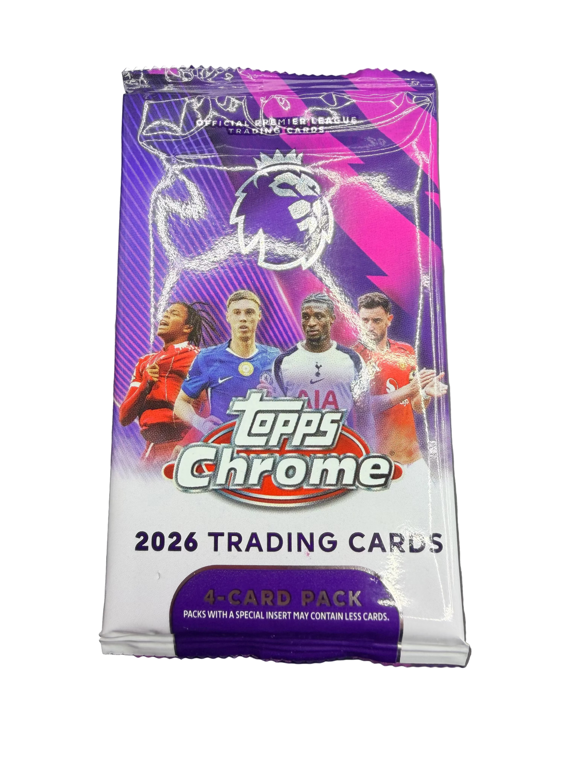 A 2026 Topps Chrome Premier League soccer trading card pack featuring four cards.